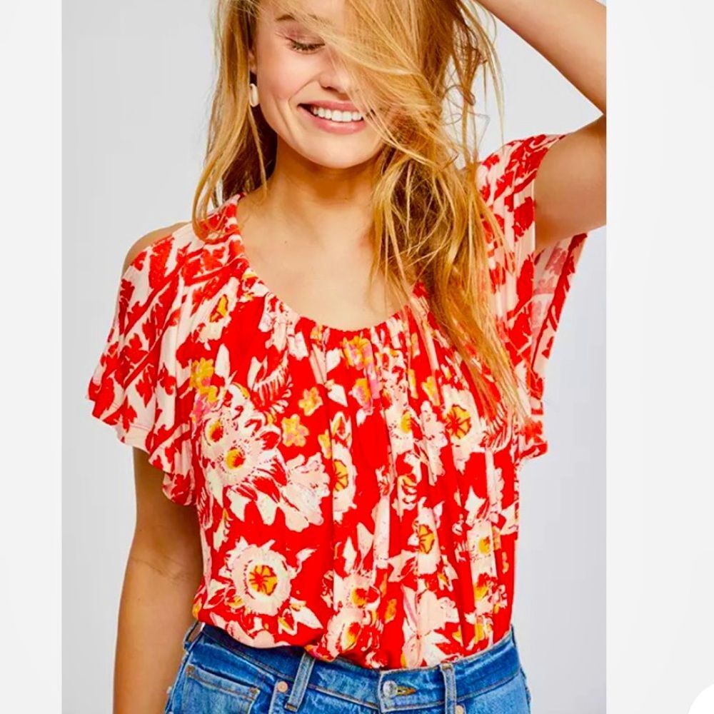 Free People Baja Babe Tie-Back Cold-Shoulder Floral Summer Top Sz M